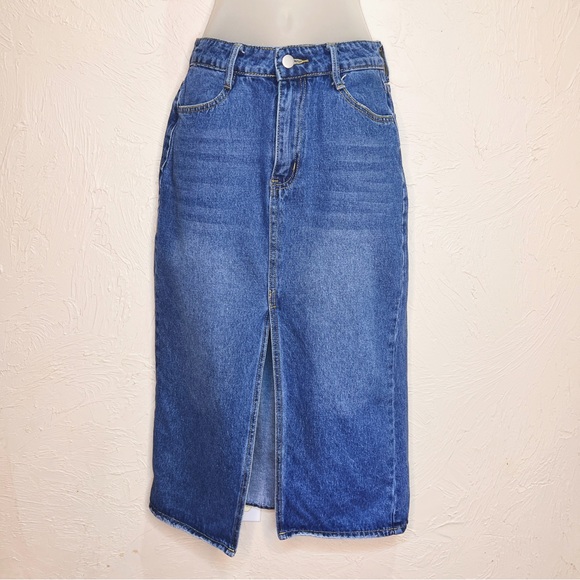Denim Midi Length Skirt Womens M Medium Wash Slit Front y2k - Picture 1 of 5